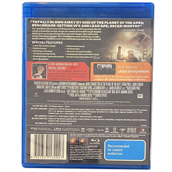 Rise Of The Planet Of The Apes (starring James Franco) 2-Disc Blu-Ray and DVD 5:1 DTS HD (ex-Display Stock) Rated M - Image 2