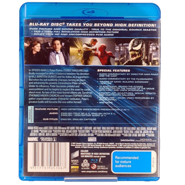 Spider-Man 3 (starring Tobey Maguire) 2-Disc Blu-Ray Edition 5:1 DTS HD (ex-Display Stock) Rated M - Image 2