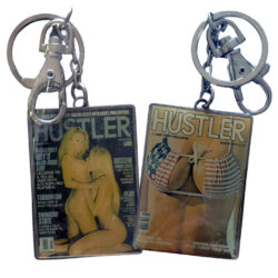 Hustler Two Keyring Set Enamel Magazine Covers (Aug 1979 and Feb 2002) with Metal Clips (New on Card)